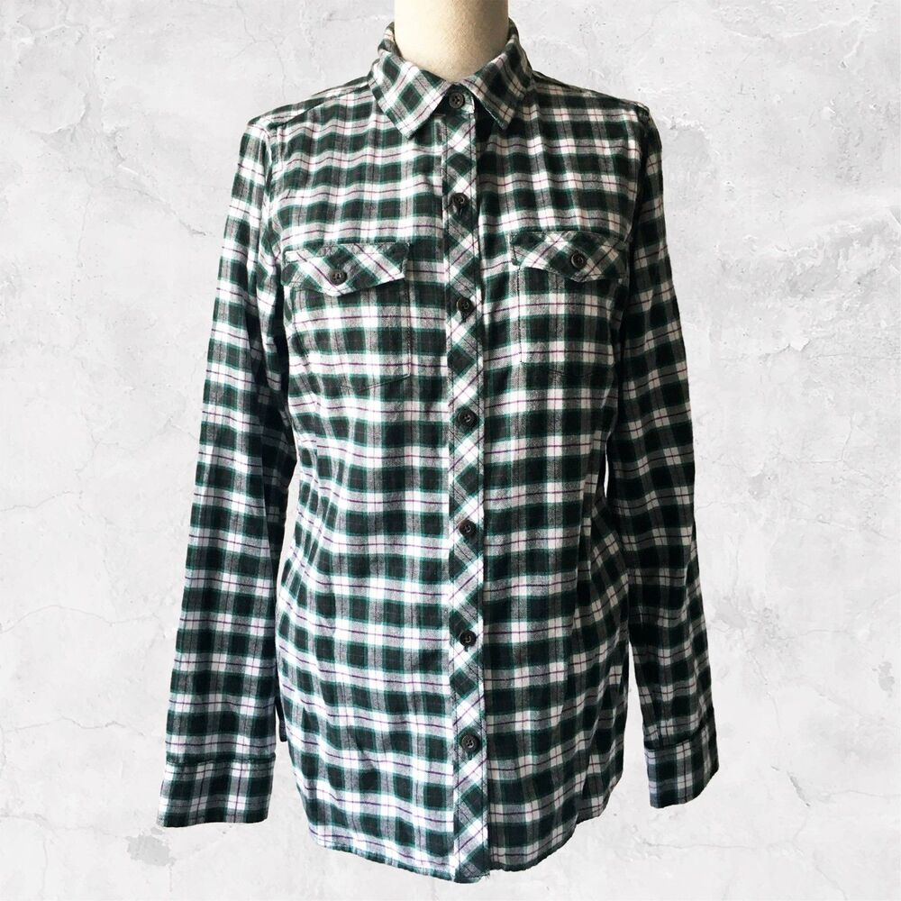 Eddie Bauer Plaid Flannel Shirt Women's Small Green Classic Fit Long Sleeve